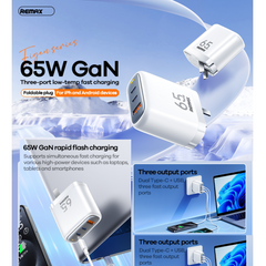 REMAX - RP-U60 Figen Series 65W Gan Folding Charger (2 Type C + 1 USB) - White