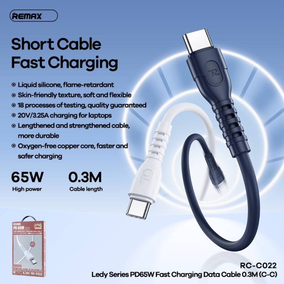 REMAX RCCO22 (CC) LEDYSERIES PD 65W FAST CHARGING DATA CABLE TYPE-C TO TYPE-C, 65W Cable, PD Cable