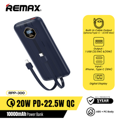 REMAX RPP-300 10000mAh PINJUR SERIES 20W+22.5W PD+QC FAST CHARGING CABLED POWER BANK (OUTPUT-1USB,IPH/TYPE-C CABLE/INPUT-IPH/TYPE-C ), PD+QC Power Bank, 10000mAh Power Bank, 20W+22.5W Power Bank, Fast Charging Power Bank -Blue