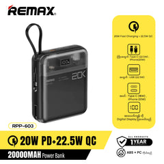 REMAX RPP-603 20000mAh SUCHA PRO SERIES 20W+22.5W POWER BANK WITH 2 FAST CHARGING CABLES (INPUT-IPH/TYPE-C) (OUTPUT-IPH CABLE/TYPE-C CABLE/USB)-Black