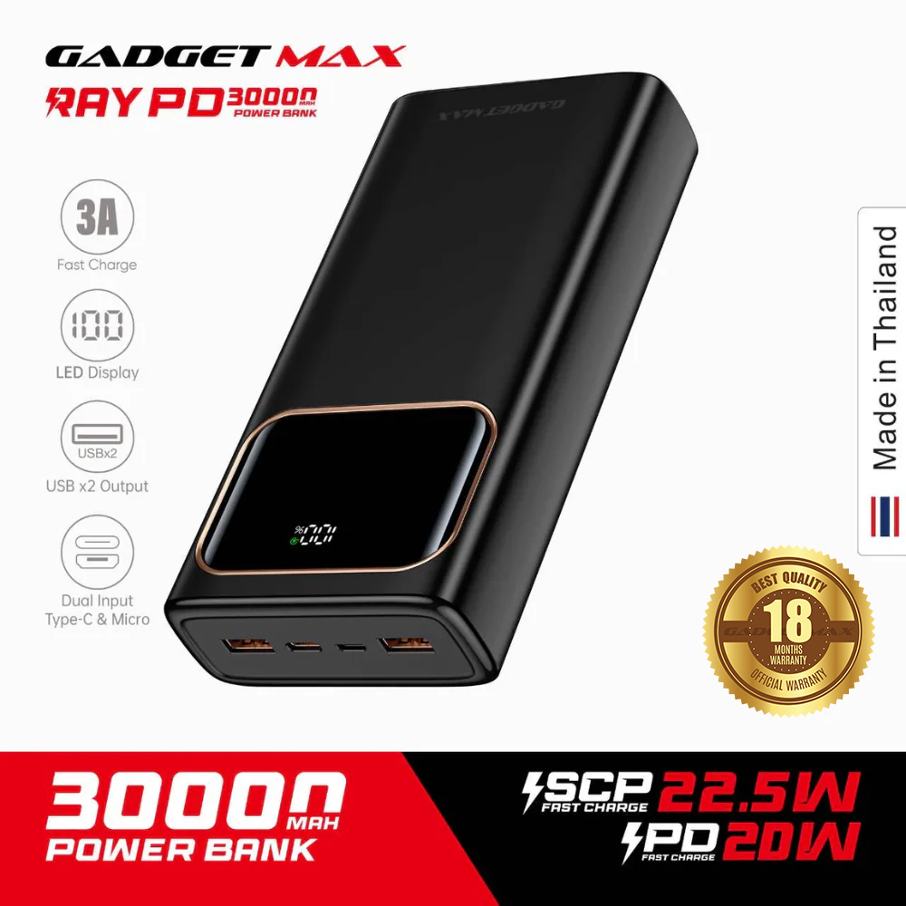 GADGET MAX 30000MAH 22.5W RAY PD POWER BANK (5V/3A)(OUTPUT-TYPE-C/A1/A2)(INPUT-MICRO/TYPE-C)