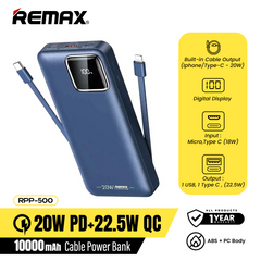 REMAX RPP-500 10000mAh SUJI SERIES PD20W+QC22.5W FAST CHARGING CABLE POWER BANK-Blue