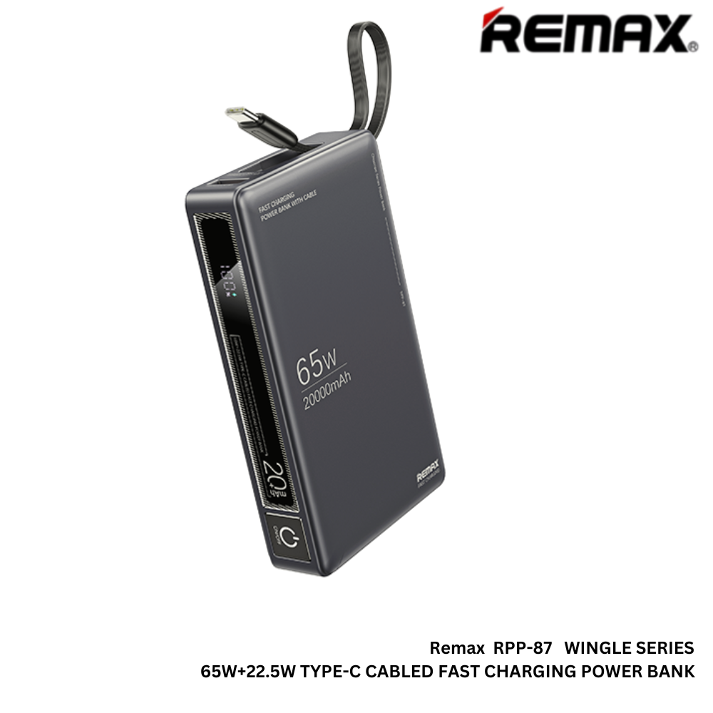 REMAX - RPP-87 Wingle Series 20000mah PD+QC Cabled Power Bank ( PD 65W+QC 22.5W ) - Grey