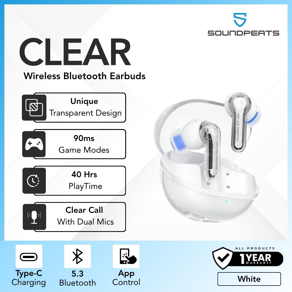 SOUNDPEATS - Clear Bluetooth Wireless Earbuds - White
