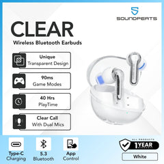 SOUNDPEATS - Clear Bluetooth Wireless Earbuds - White