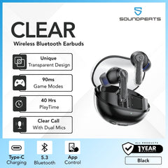SOUNDPEATS - Clear Bluetooth Wireless Earbuds - Black