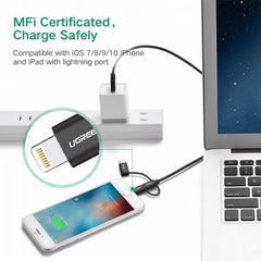 Ugreen USB 2.0 A/M to Micro B + Lighting + USB-C 3 in 1 MFI Cable 1M - Black