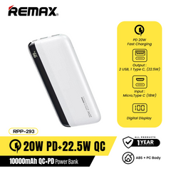 REMAX RPP-293 10000mAh KIREN SERIES 20W+22.5W QC+PD FAST CHARGING POWER BANK (OUTPUT-2USB/INPUT-MICRO)(TYPE-C IN/OUT), 10000mAh Power Bank, PD+QC Power Bank, 22.5W Power Bank-White