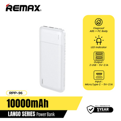 REMAX  RPP-96 10000MAH LANGO SERIES POWER BANK, PowerBank 10000mAh,10000mAhpowerbank ,  Power Bank 10000mAh ,Safest Power Bank -White