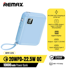 REMAX RPP-579 10000mAh ICYAL SERIES PD20W+QC22.5W CABLED FAST CHARGING POWER BANK-Blue