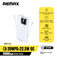 REMAX RPP-513 20000mAh SUJI SERIES PD 20W+QC 22.5W Fast Charging CABLE POWER BANK-White