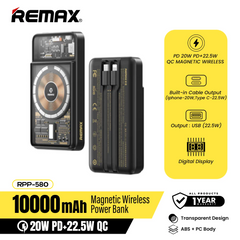 REMAX RPP-580 10000MAH WALKING PHANTOM 20W+22.5W CABLED MAGNETIC WIRELESS CHARGING POWER BANK-Black