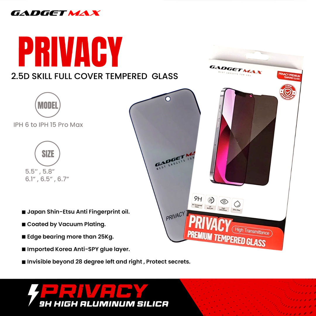 GADGET MAX Privancy iPhone 15 /iPhone 14 Pro 6.1" 2.5D Anti-Peep Anti-Dust Tempered Glass