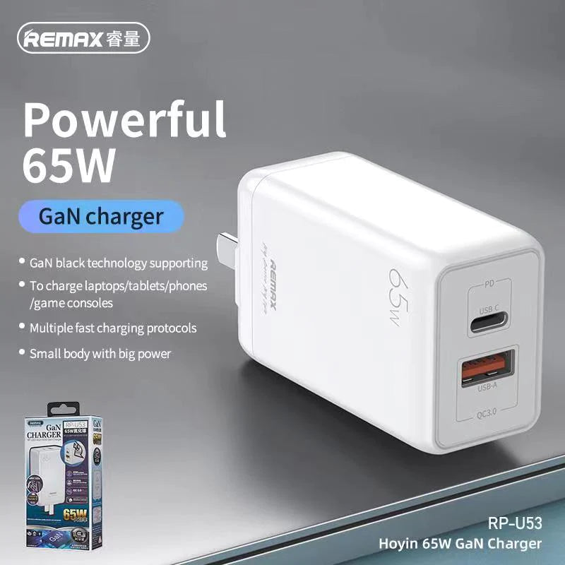 REMAX RP-U53 HOYIN SERIES 65W GAN PD+QC CHARGER ONLY (1USB/1 TYPE-C), 65W Charger, GAN Charger, PD+QC Charger