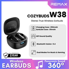 REMAX - COZYBUDS W38 Stereo Bluetooth Wireless Earbuds - Black