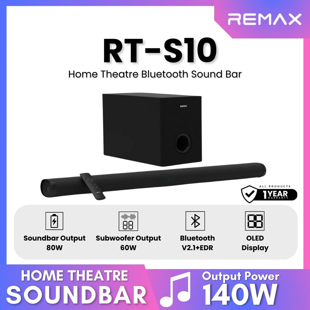 REMAX RT-S10 Home Theatre Bluetooth Soundbar With Subwoofer (140W) - Black