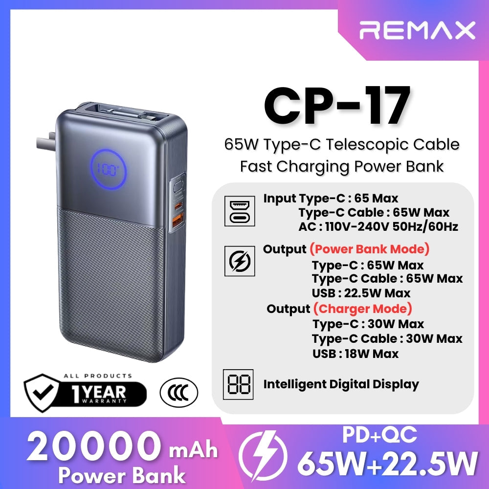REMAX - CP-17 20000mAh Type-C Telescopic Wall Plug Fast Charging Cable Power Bank ( PD65W ) - Tarnish