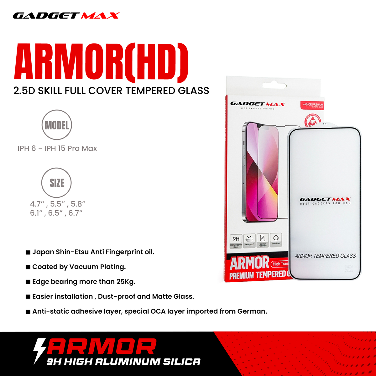 GADGET MAX Armor(HD) iPhone 13 / 13 Pro / 14 6.1" 2.5D Anti-Static Tempered Glass