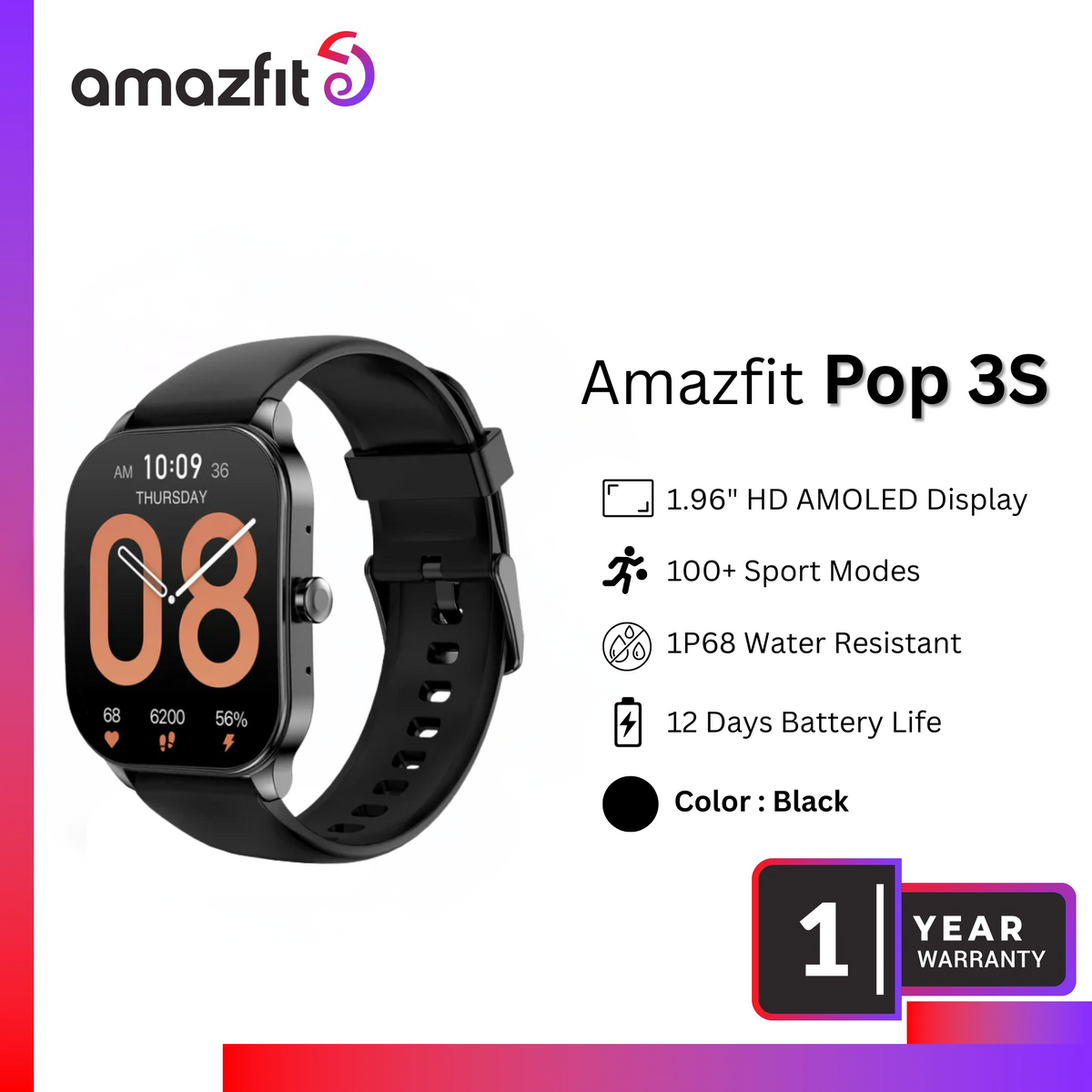 AMAZFIT - POP 3S Smart Watch - Black