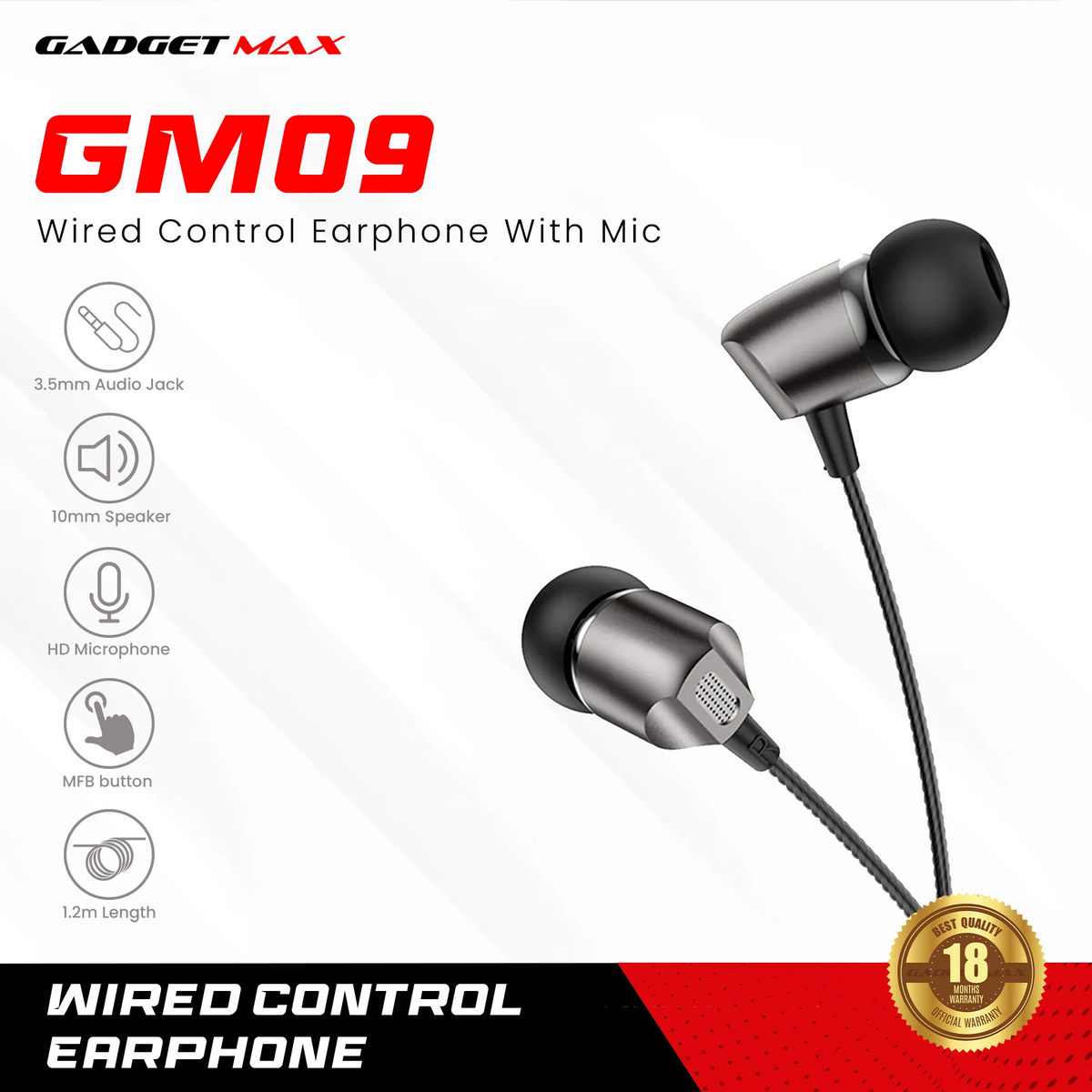 GADGET MAX - GM09 3.5mm Control Wired Earphone - Grey
