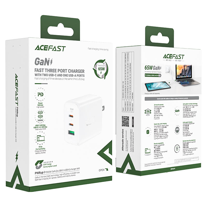 ACEFAST A43 PD65W (2*USB-C+USB-A) GAN CHARGER - WHITE