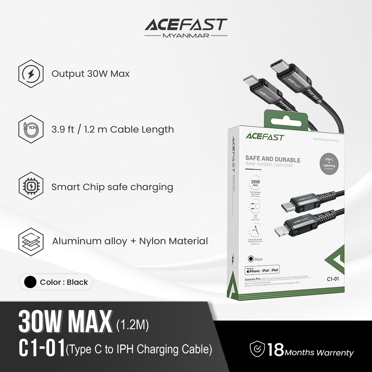 ACEFAST C1-01 USB-C TO LIGHTNING ALUMINUM ALLOY CHARGING DATA CABLE (30W MAX)(1.2M), PD Cable, 30W Cable, Charging Cable, Data Cable