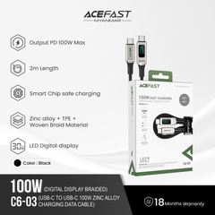 ACEFAST C6-03 USB-C TO USB-C 100W ZINC ALLOY DIGITAL DISPLAY BRAIDED CHARGING DATA CABLE (2M) - BLACK