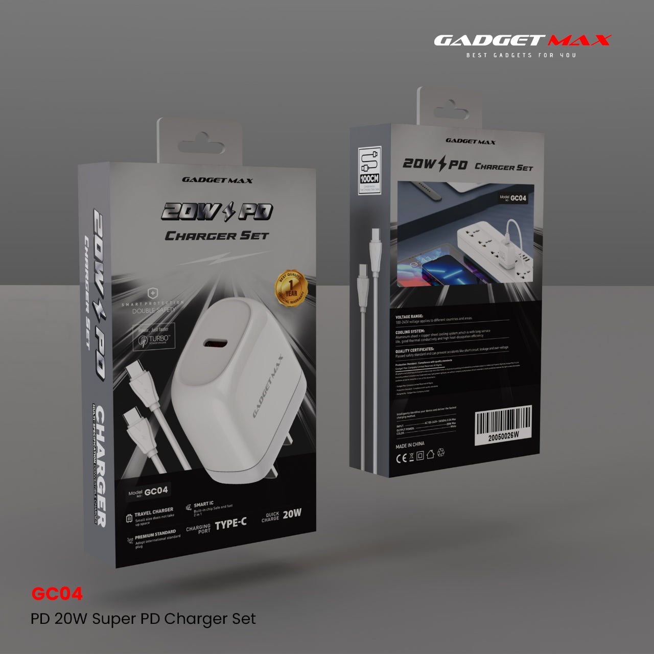 GADGET MAX - GC04 20W Super PD Charger Set With C-C 60W Cable - White