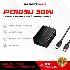 GADGET MAX - PD103U 30W PD (USB-A+USB-C)  Charger Set - Black