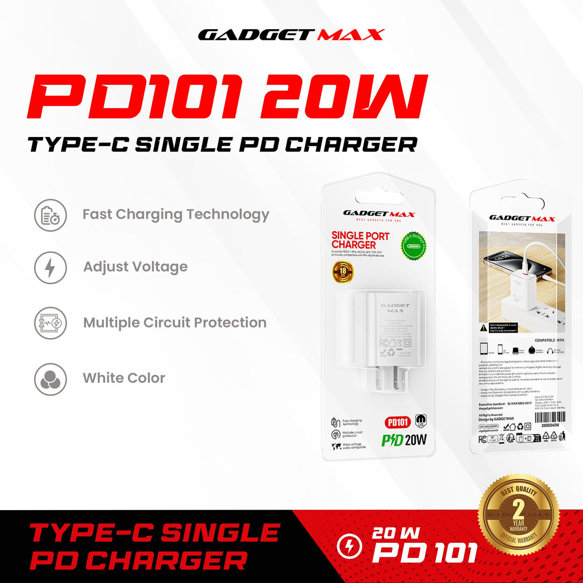GADGET MAX - PD101 20W PD Type- C Charger - White