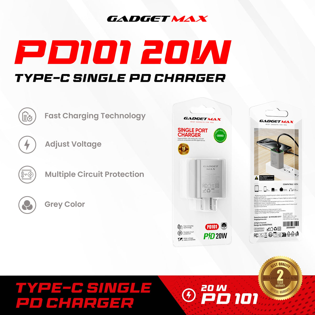 GADGET MAX - PD101 20W PD Type- C Charger - Grey