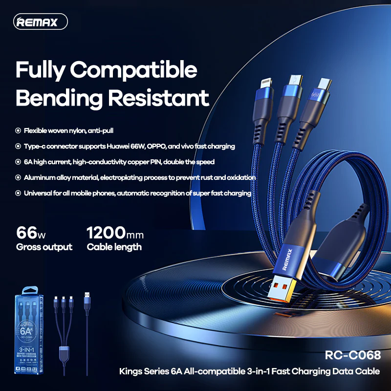 REMAX - RC-C068 Kings Series 3 In 1 Fast Charging Data Cable ( 66W ) - Blue