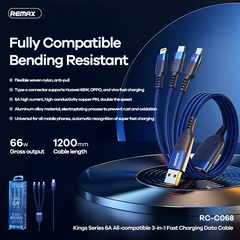 REMAX - RC-C068 Kings Series 3 In 1 Fast Charging Data Cable ( 66W ) - Blue
