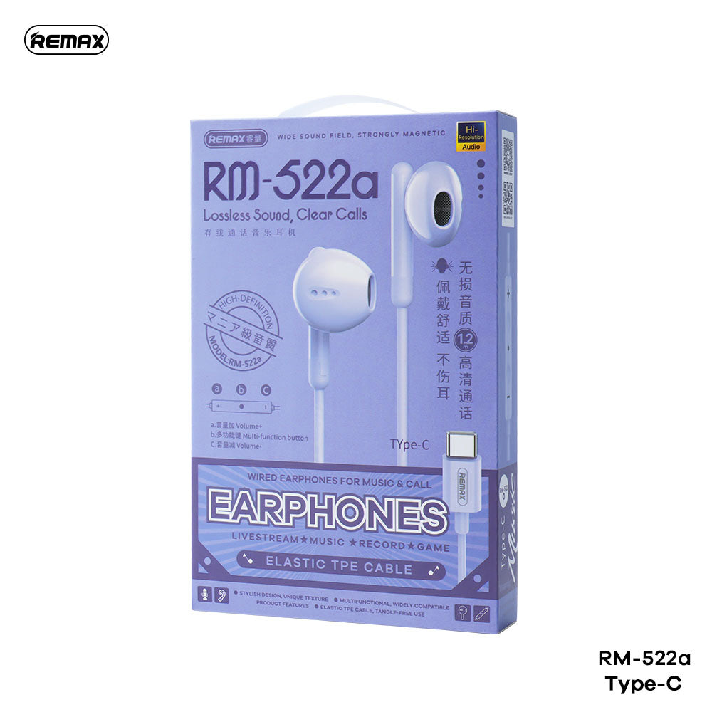 REMAX RM-522A Type-C Wired Earphones for Music & Call(Blue)