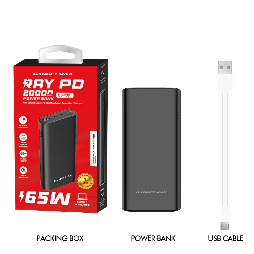 GADGET MAX GB-PD01 20000MAH RAY 65W PD POWER BANK (OUTPUT-1USB/INPUT-TYPE-C) (TYPE-C IN/OUT), 65W Power Bank, 20000mAh Power Bank, PD Power Bank, Power Bank for All
