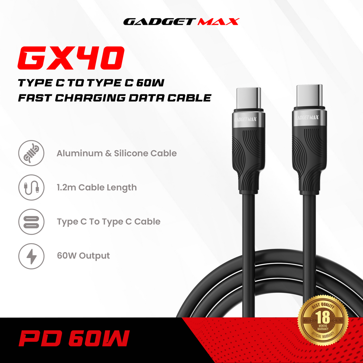 GADGET MAX - GX40 C-C Nobel Series Type-C To Type-C PD Fast Charging Data Cable (60W) - Black