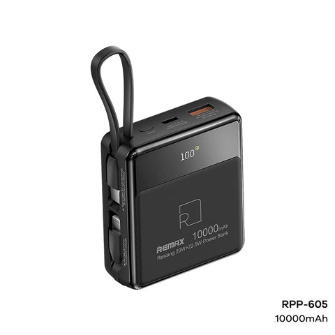 REMAX RPP-605 10000mAh RESIANG SERIES 20W+22.5W POWER BANK WITH 2 FAST CHARGING CABLES (INPUT-TYPE-C) (OUTPUT-USB/TYPE-C CABLE IPH CABLE)