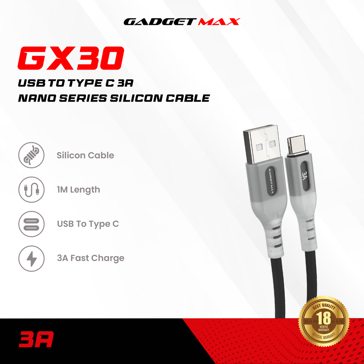Gadget Max - GX30 (A) Nano Series USB To Type-C 3A Silicon Fast Charging Data Cable - White