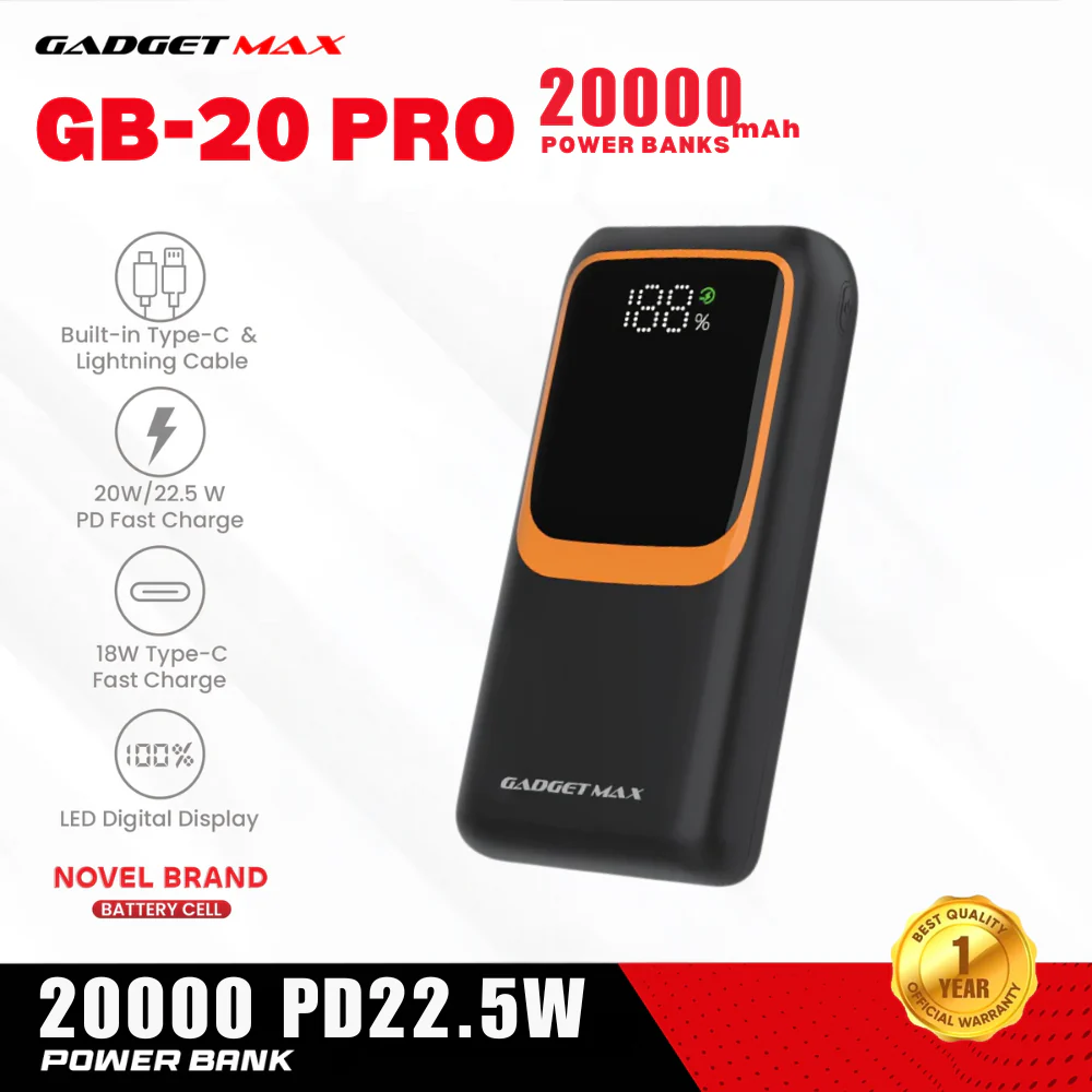 GADGET MAX GB-20PRO 20000MAH PD20W+ QC22.5W WITH CABLE FAST CHARGING POWER PRO DIGITAL DISPLAY POWER BANK (OUTPUT-4USB)(TYPE C-IN/OUT)(IPH-IN/OUT)