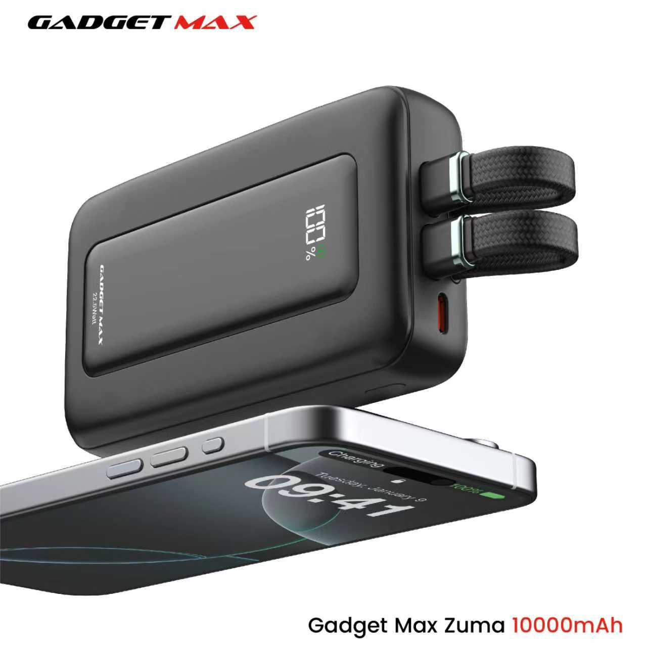 GADGET MAX - ZUMA 10000mAh PD+QC Built-In Cable Fast Charging Power Bank (20W+22.5W) - Black