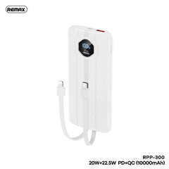 REMAX RPP-300 10000mAh PINJUR SERIES 20W+22.5W PD+QC FAST CHARGING CABLED POWER BANK (OUTPUT-1USB,IPH/TYPE-C CABLE/INPUT-IPH/TYPE-C ), PD+QC Power Bank, 10000mAh Power Bank, 20W+22.5W Power Bank, Fast Charging Power Bank -White