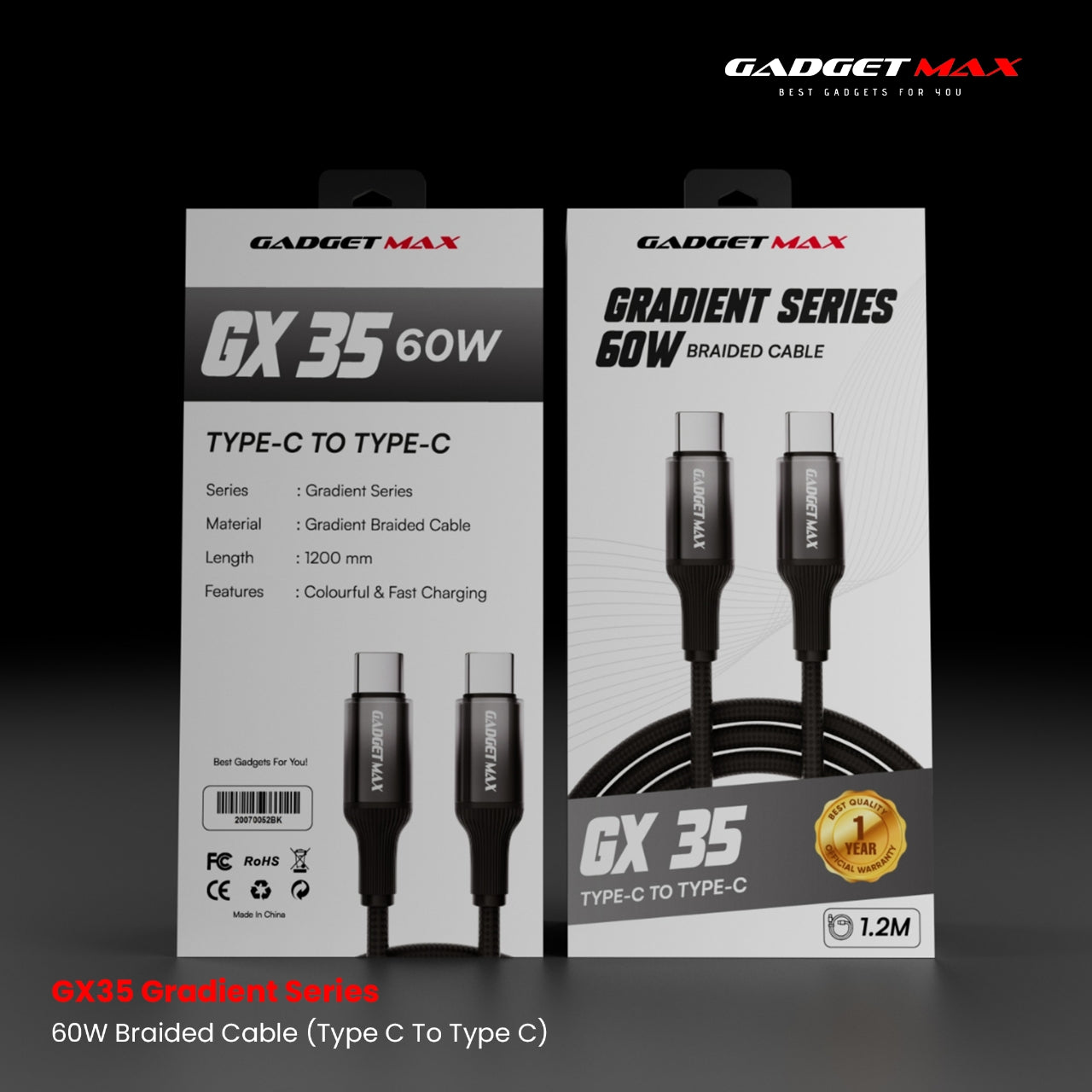Gadget Max - GX35 C-C Gradient Series PD Fast Charging Data Cable (60W) - Black