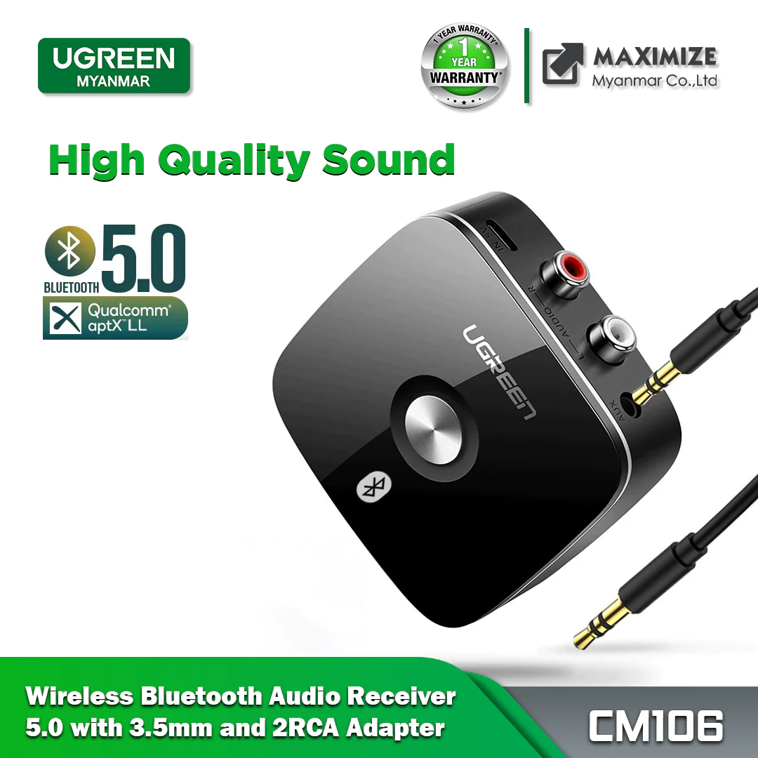 Ugreen CN106 Wireless Bluetooth Audio Receiver 5.0/5.1 with 3.5mm and 2RCA Adapter