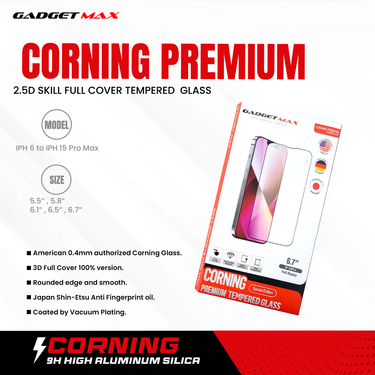 GADGET MAX Corning iPhone 15 Pro 6.1" 2.5D Anti-Static Corning Tempered Glass