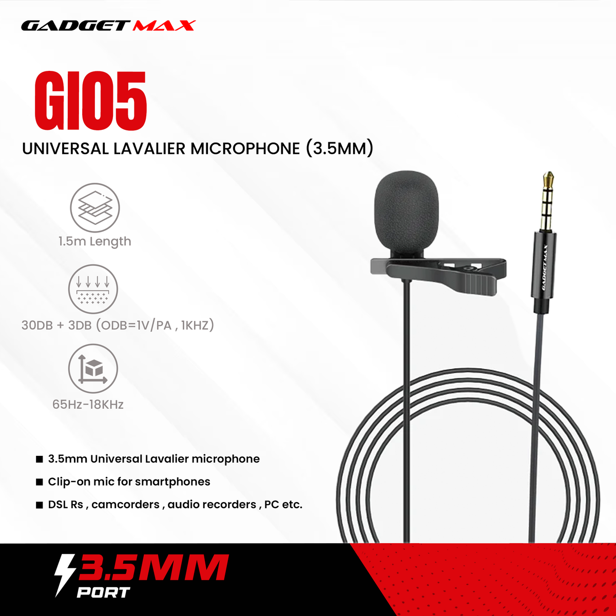 GADGET MAX GI05 UNIVERSAL LAVALIER MICROPHONE (3.5MM)(1.5M), Microphone, 3.5mm Microphone