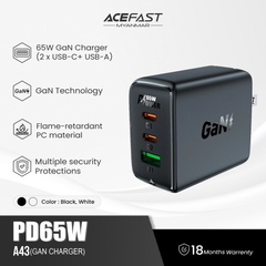 ACEFAST A43 PD65W (2*USB-C+USB-A) GAN CHARGER - WHITE