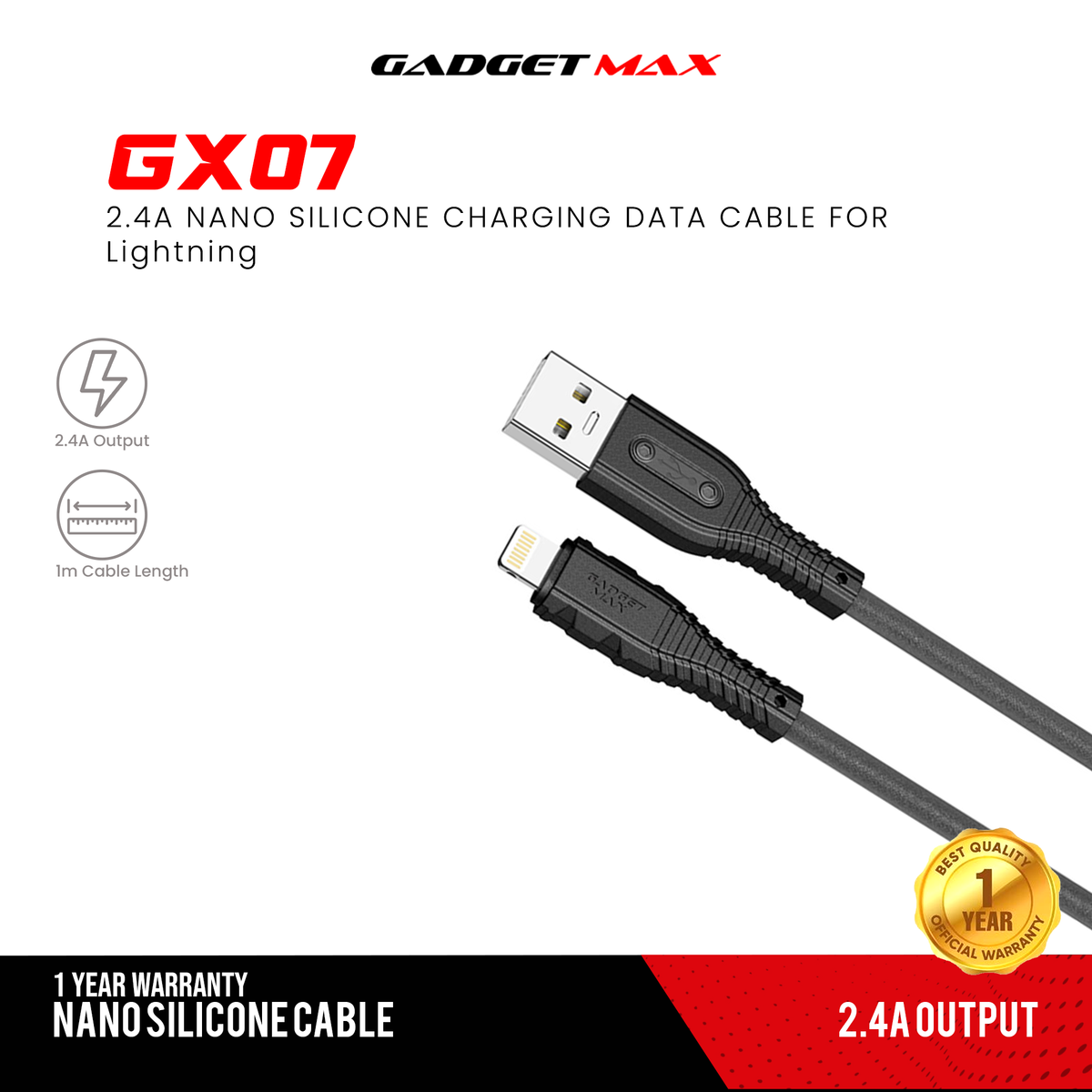 GADGET MAX GX07 IPH 2.4A NANO SILICONE CHARGING DATA CABLE FOR IPH (2.4A)(1M) - BLUE