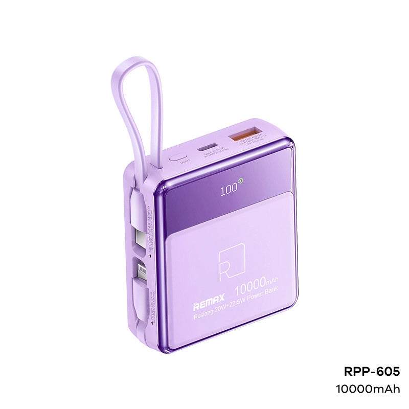 REMAX RPP-605 10000mAh RESIANG SERIES 20W+22.5W POWER BANK WITH 2 FAST CHARGING CABLES (INPUT-TYPE-C) (OUTPUT-USB/TYPE-C CABLE IPH CABLE)