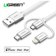 UGREEN - USB 2.0 A/M to Micro B + Lighting + USB-C 3 in 1 MFI Cable 1M - White
