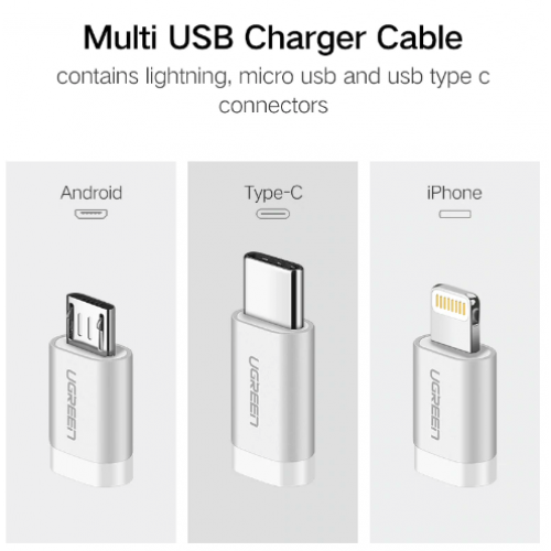 Ugreen USB 2.0 A/M to Micro B + Lighting + USB-C 3 in 1 MFI Cable 1M - Black